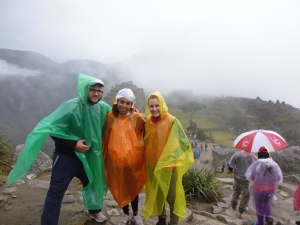 Trying to escape the rain at Machu Piccu.